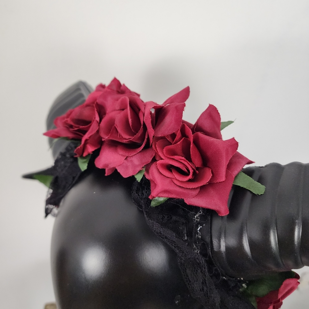 Krampus Devil Demon Horn Headband Red Rose Flowers Costume Head Piece Head Dress - Picture 8 of 9